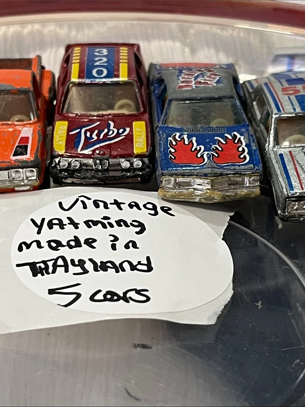 Set of 5 Vintage Toy Race Cars - Blue, Red, Orange, Brown, Silver